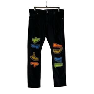 Focus Jeans black colorful patches distressed straight leg jeans size 38